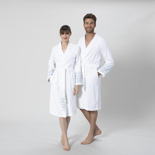 Derin Bamboo Unisex Bathrobe WHITE/MARINE BLUE