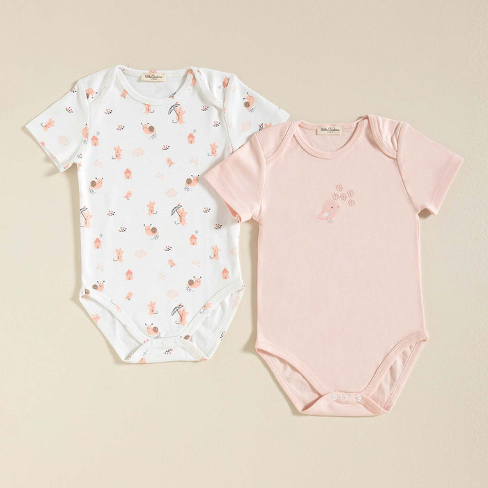Bird Bodysuit Short Sleeve 2 Pcs White-Pink