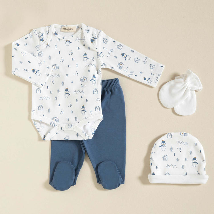 Bear %100 Cotton Baby Newborn Set 4 Pieces White-Navy Blue