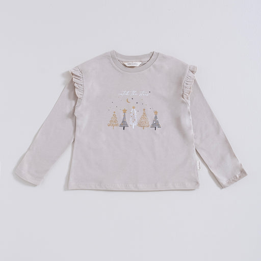 Party Long Sleeve Ruffled Tshirt Beige