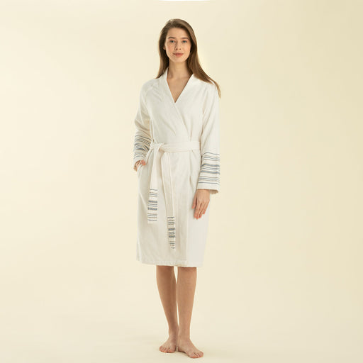 Derin Bamboo Unisex Bathrobe ECRU/MARINE BLUE