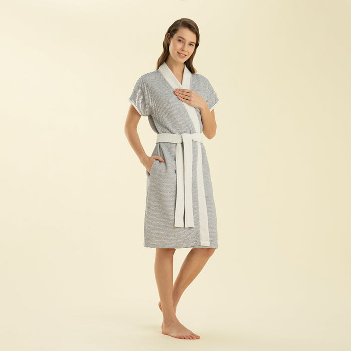 Longas Short Bathrobe ECRU/MARINE BLUE