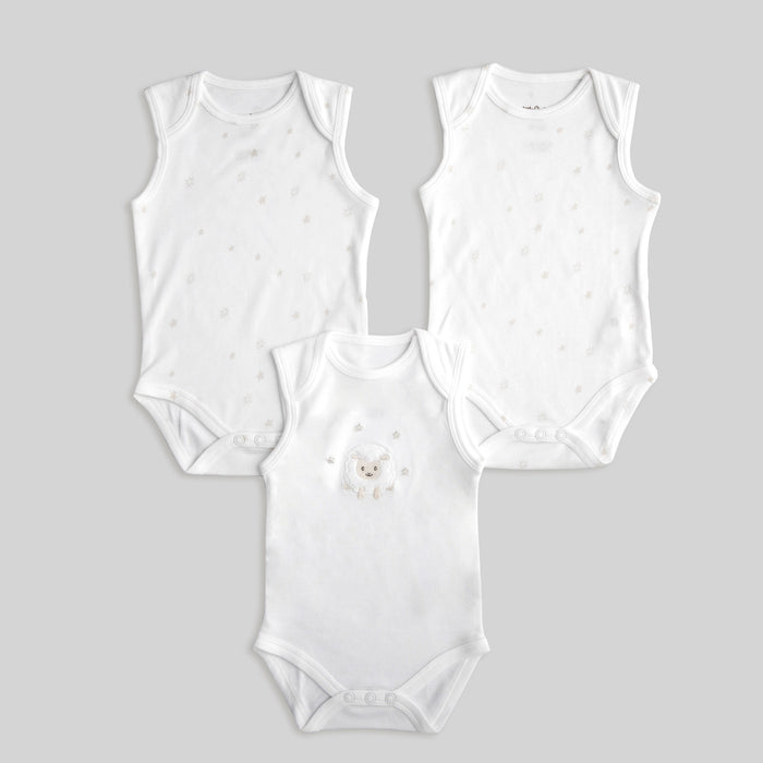 Lamb Bamboo Baby Bodysuit Sleeveless 3 Pieces White