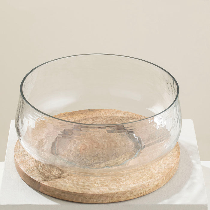Orbit Glass Bowl With Wooden Base Natural