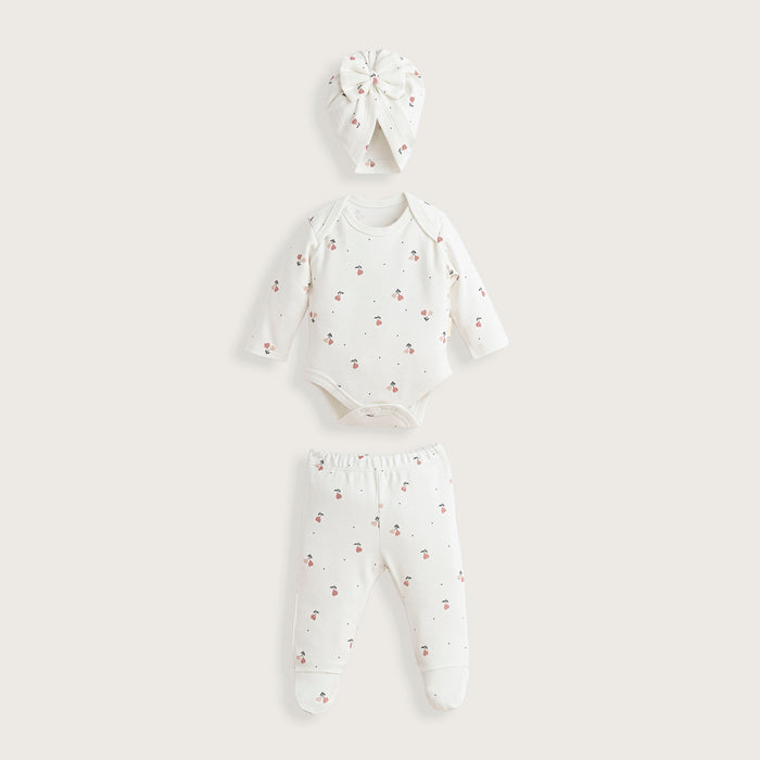 Dusty Floral Newborn Body+Footed Pants+Hat Set Ecru