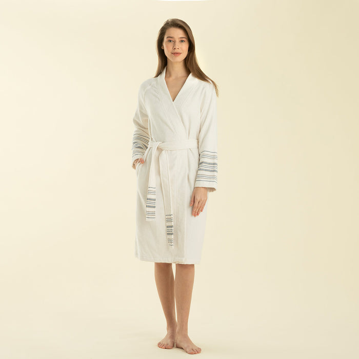 Derin Bamboo Unisex Bathrobe ECRU/MARINE BLUE