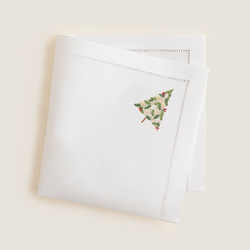 Chrıstmas Tree Emroıdered Napkın 40x40 Cm White
