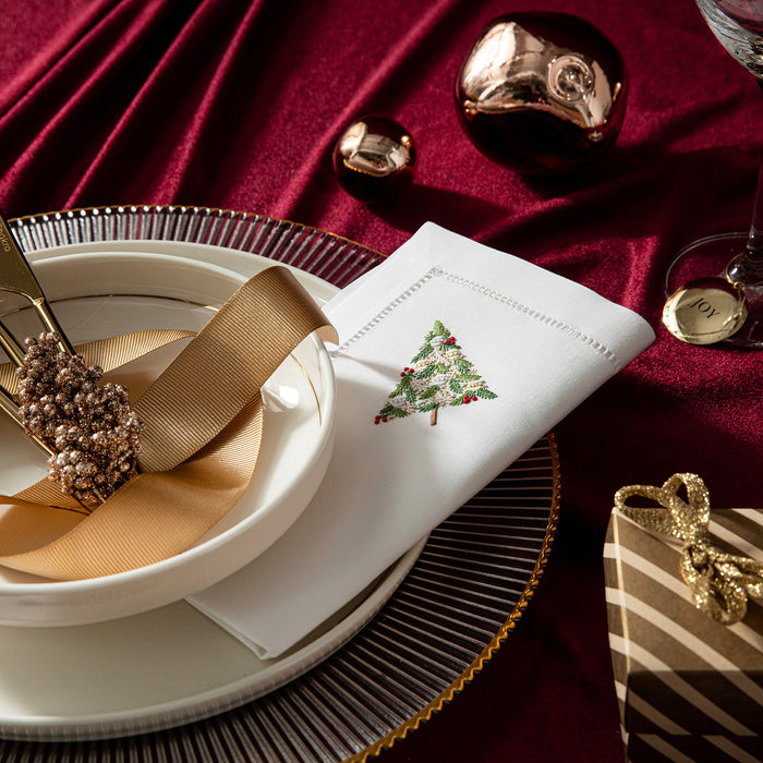 Chrıstmas Tree Emroıdered Napkın 40x40 Cm White