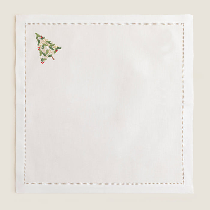 Chrıstmas Tree Emroıdered Napkın 40x40 Cm White